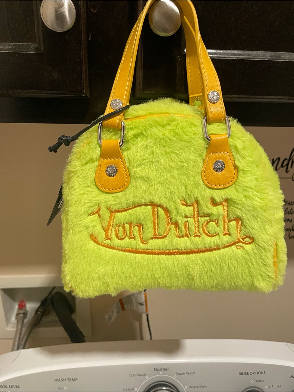 NWT Von Dutch Neon Lime Faux Fur Handbag with Yellow Handles